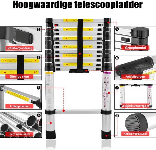 Gedetailleerde weergave van de zilveren telescoopladder met opschriften over functies zoals schuifgrendeling, stevige riem, antislip pedaal, greephendel en veiligheidsmaatregelen.