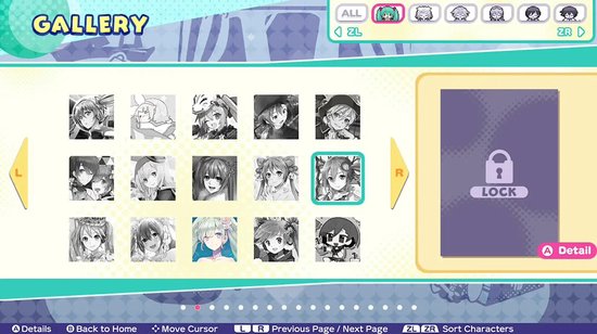 Screenshot van "Gallery" in "Hatsune Miku Logic Paint S" met 16 anime portretten, waarvan 1 is ontgrendeld.