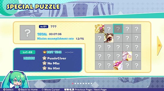 Screenshot van "Special Puzzle" in "Hatsune Miku Logic Paint S" met 12 voltooide puzzels en 13 lege vakjes.