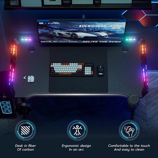 Ergonomisch Gaming Bureau met LED Verlichting Koolstofvezel Zwart Groot Werkstation — afbeelding 2