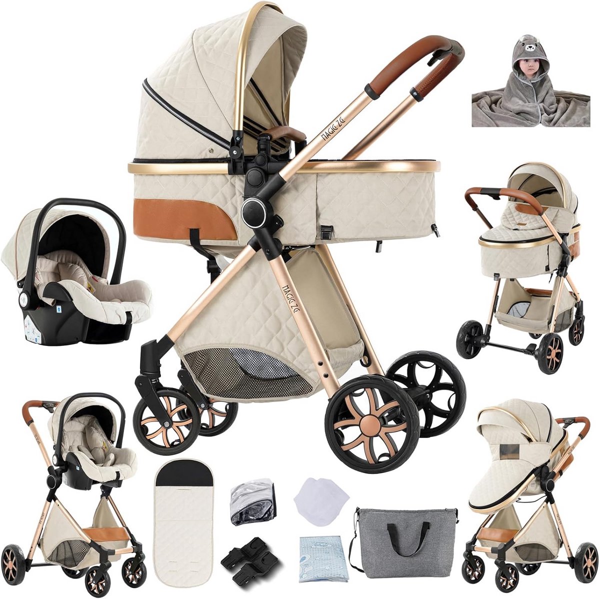 3-in-1 Opvouwbare Kinderwagen met Hoge Zichtbaarheid en Verstelbare Zitrichting