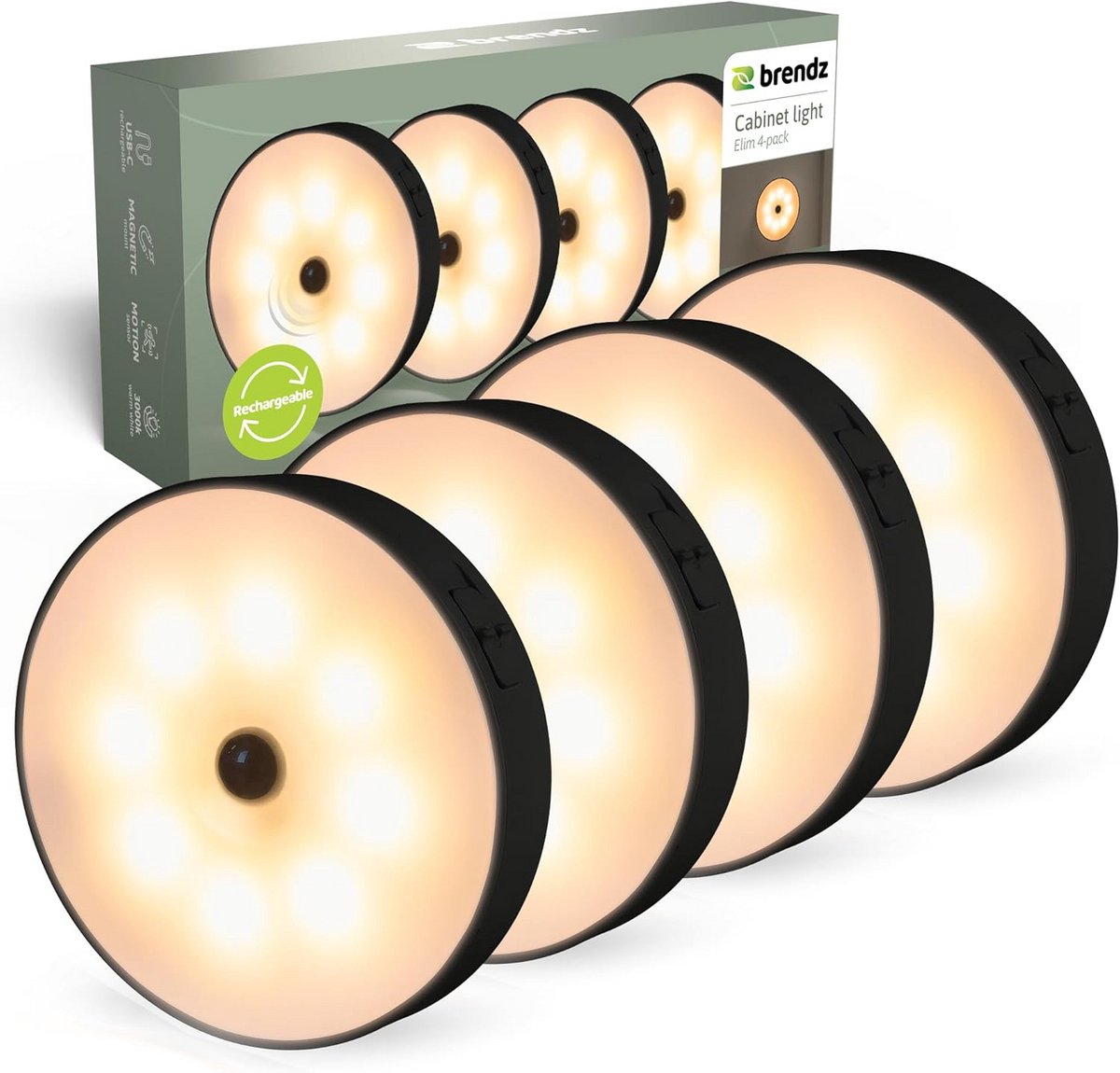 Ronde LED Kastverlichting met Bewegingssensor, USB-C Oplaadbaar en Magnetisch, 4 Stuks, Warm Wit Licht