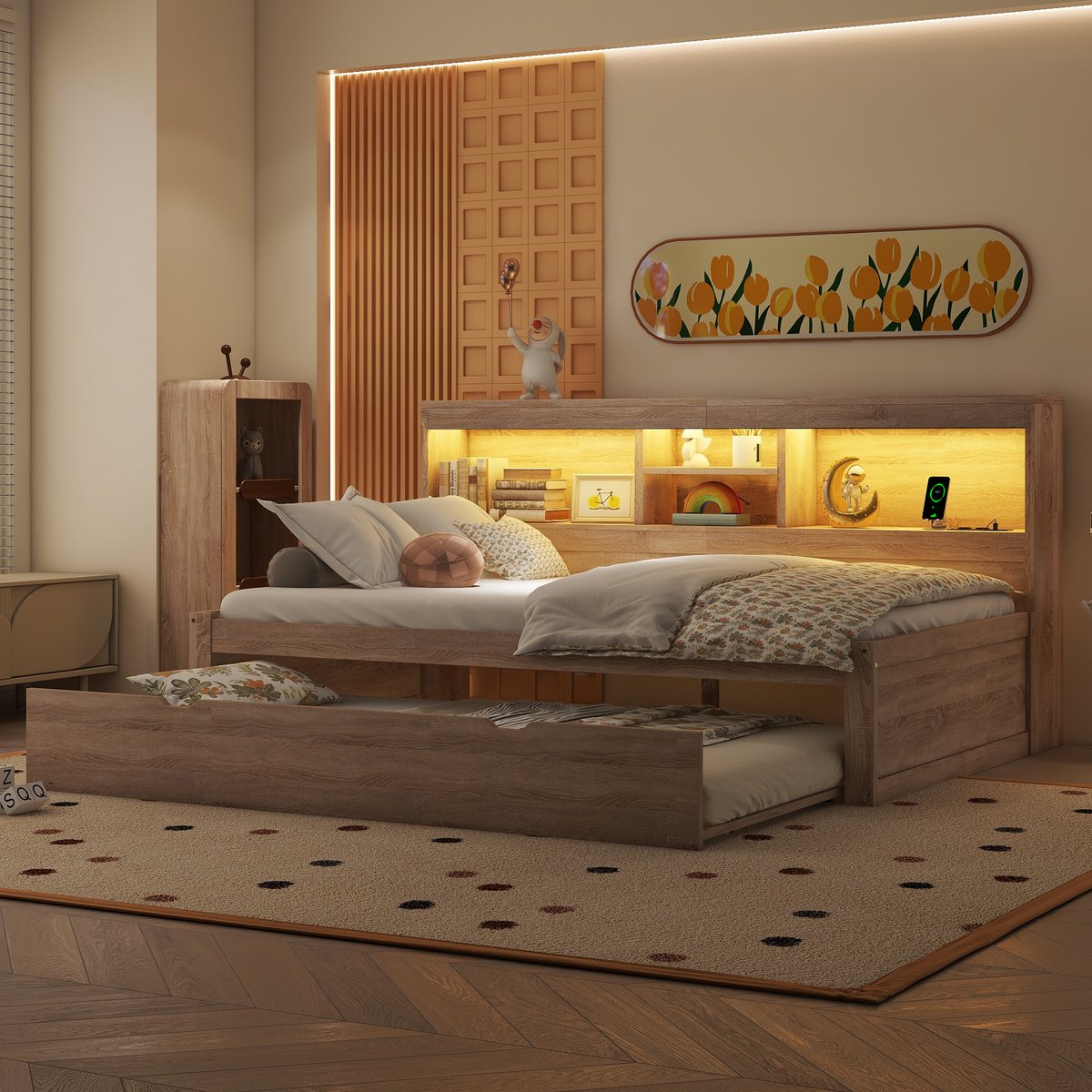 REDOM bedbank met uitschuifbed 90x200 cm – Spaanplaat + MDF naturel – LED, stopcontact, USB – 120 kg
