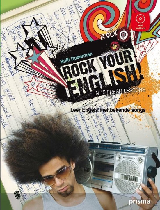 Boekomslag 'Rock Your English!' met een man met een grote afro, zonnebril en een radio.