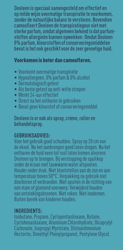 Deoleen Derma Intense 48 uur - Anti-transpirant spray - Voorkomt overmatige transpiratie en transpiratiegeur - 48 uur effectief - 0% parfum & 0% alcohol - Dermatologisch getest - Deodorant - 150 ml