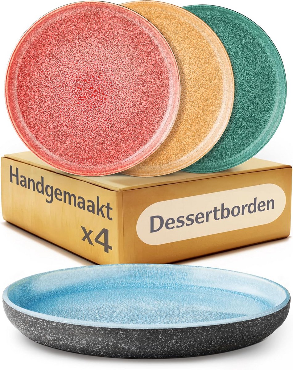 Set van 4 Handgemaakte Dessertborden van Steengoed Ø20 cm met Reactieve Glazuur