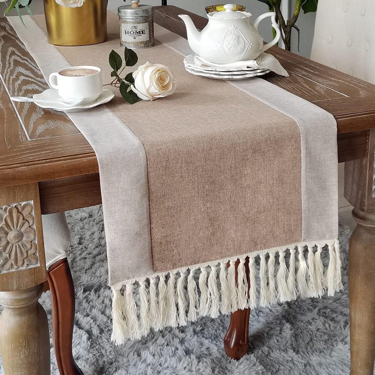 Rustieke Tafelloper met Franjes Antiek Bruin 35 x 220 CM Wasbaar