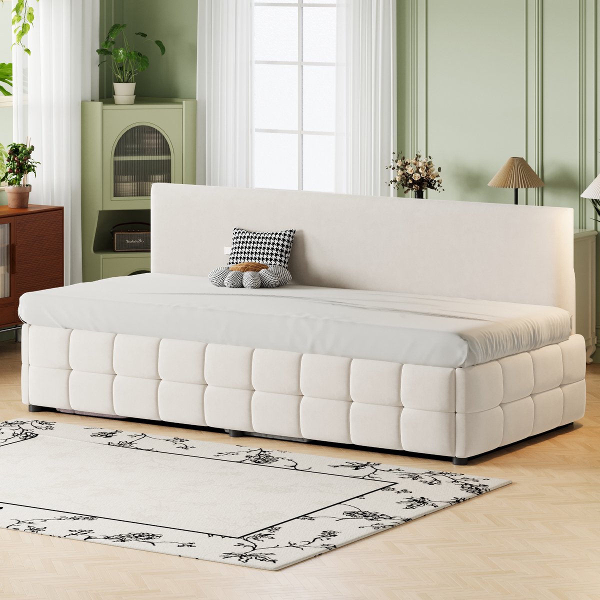 Wishdor Slaapbank Polsterbed 90x200 cm – Hydraulische Opbergruimte – Ruitpatroon – Fluweel – Beige