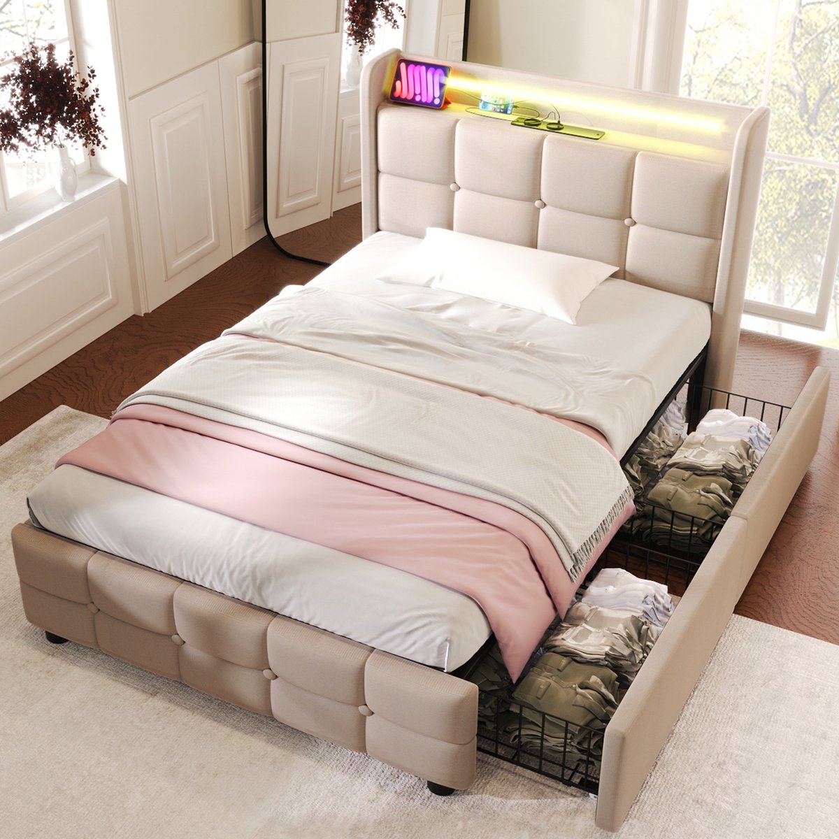 FloraGrace Gestoffeerd Bed 90x200cm – Eenpersoonsbed Met Ledverlichting En Oplaadpunten – Met 2 Lades – Zonder matras – Linnenlook – Beige