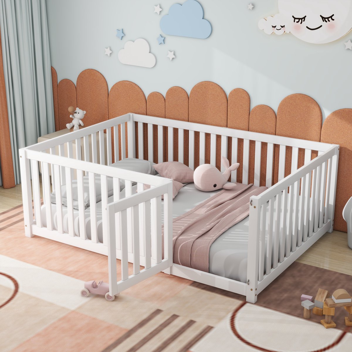 FloraGrace Kinderbed 140x200cm – Vloerbed Met Hekwerk En Deurtje – Veilig Speel En Slaapbe