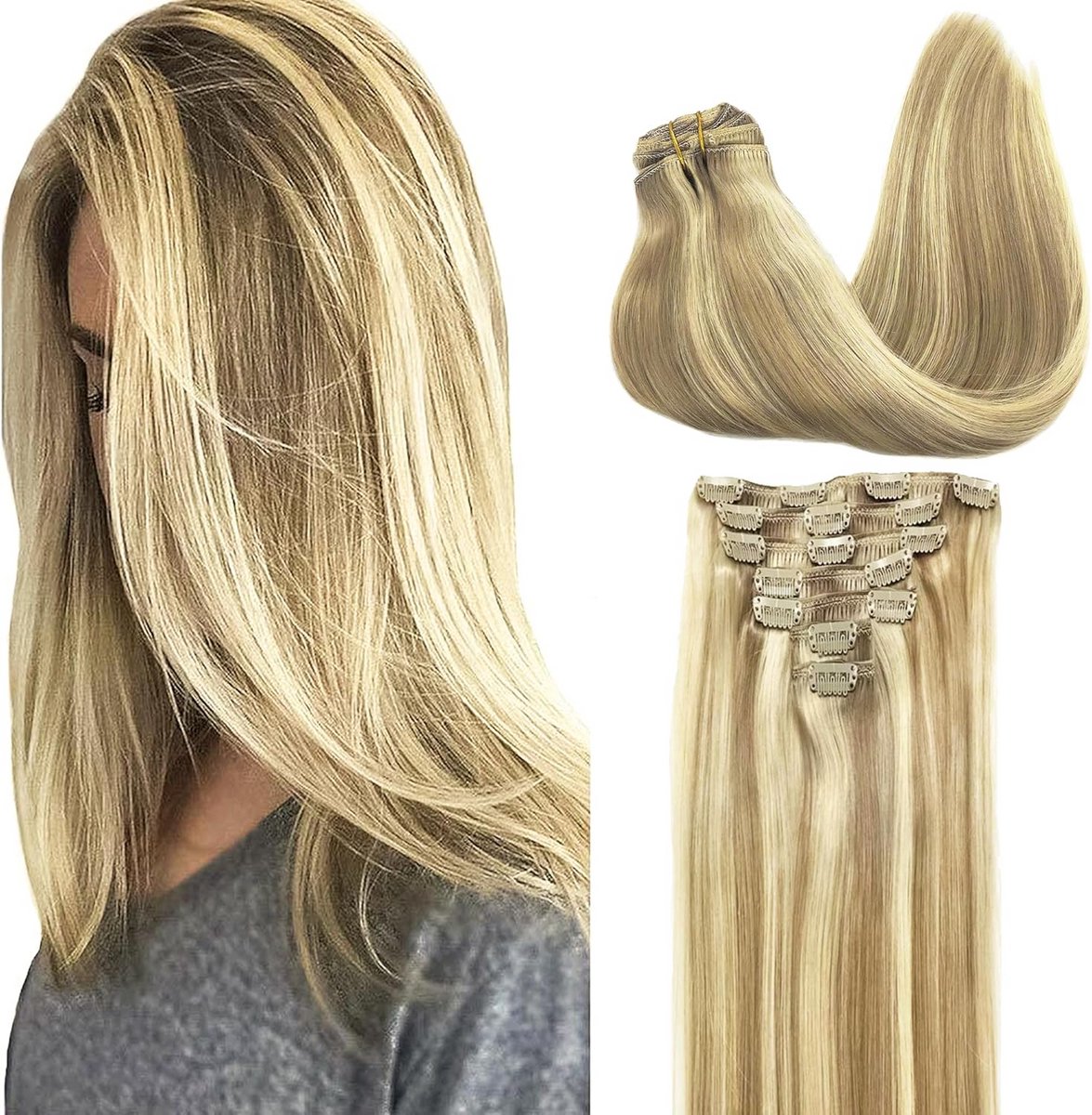 7-Delige Clip-In Haarverlenging van Echt Haar - 40 cm Lichtblond Ombre