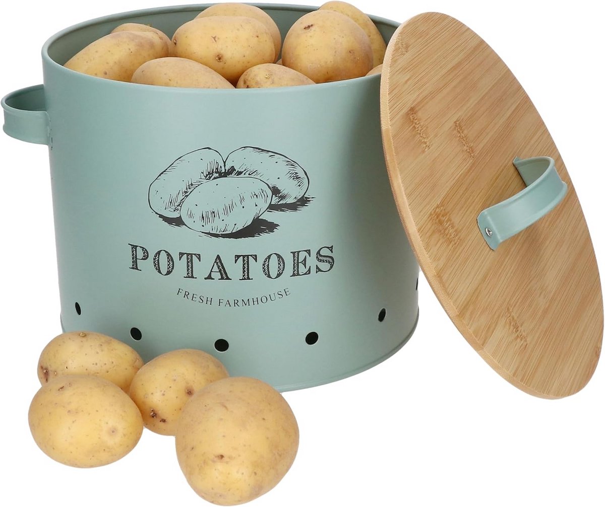 Geperforeerde Metalen Voorraadbemand voor Aardappelen met Bamboe Deksel - Keukenopslag