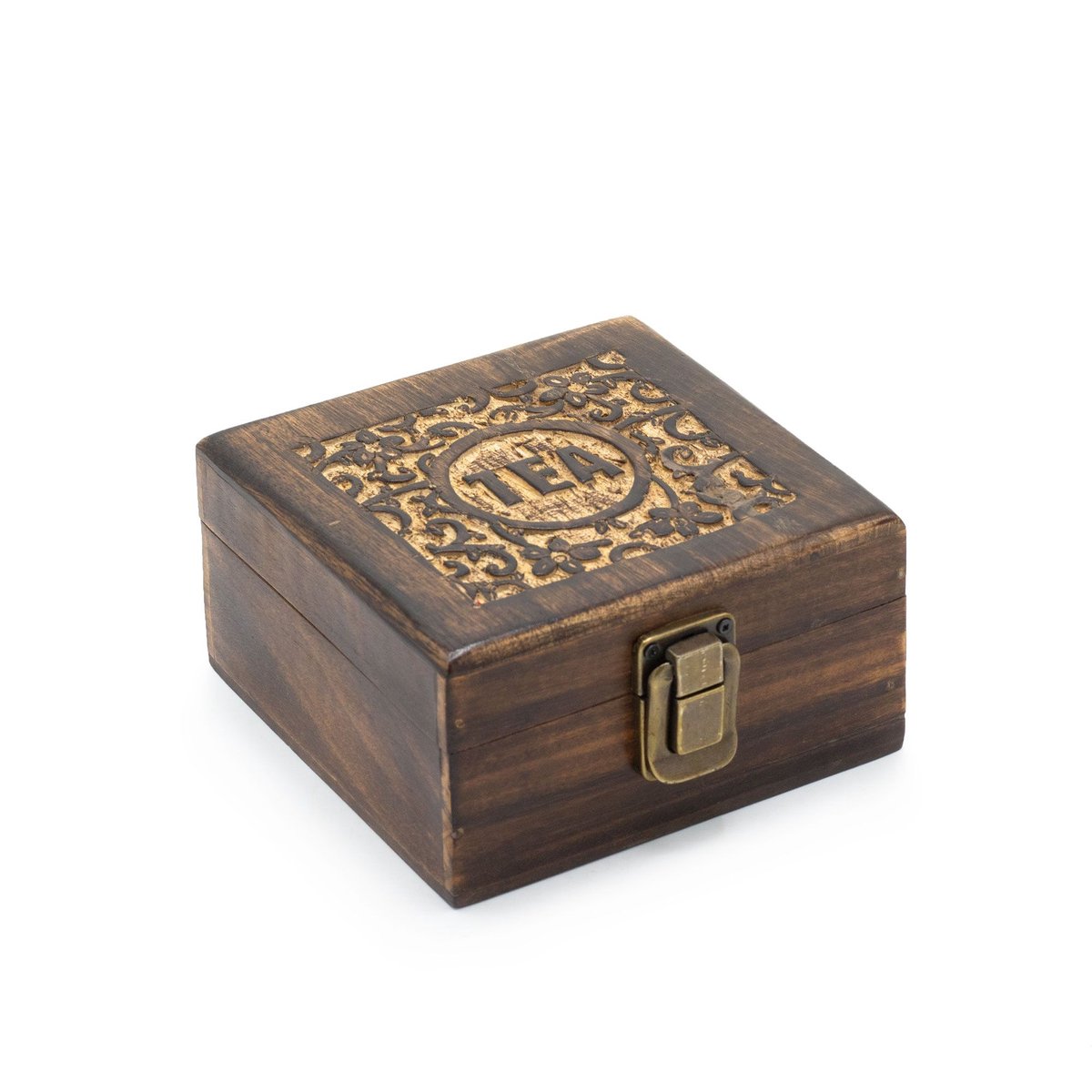 Theedoos - Mangohout met 4 vakken - Handgemaakt - 15x15x8cm