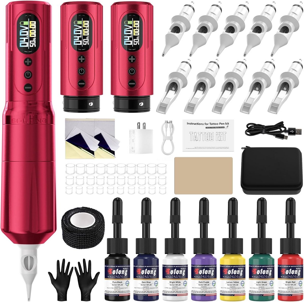 Tattoo Machine met Accessoires - Tattoo Machines Draadloos - Tattoo Set Inclusief Inkt en Naalden - Tattoo Kit - Professioneel