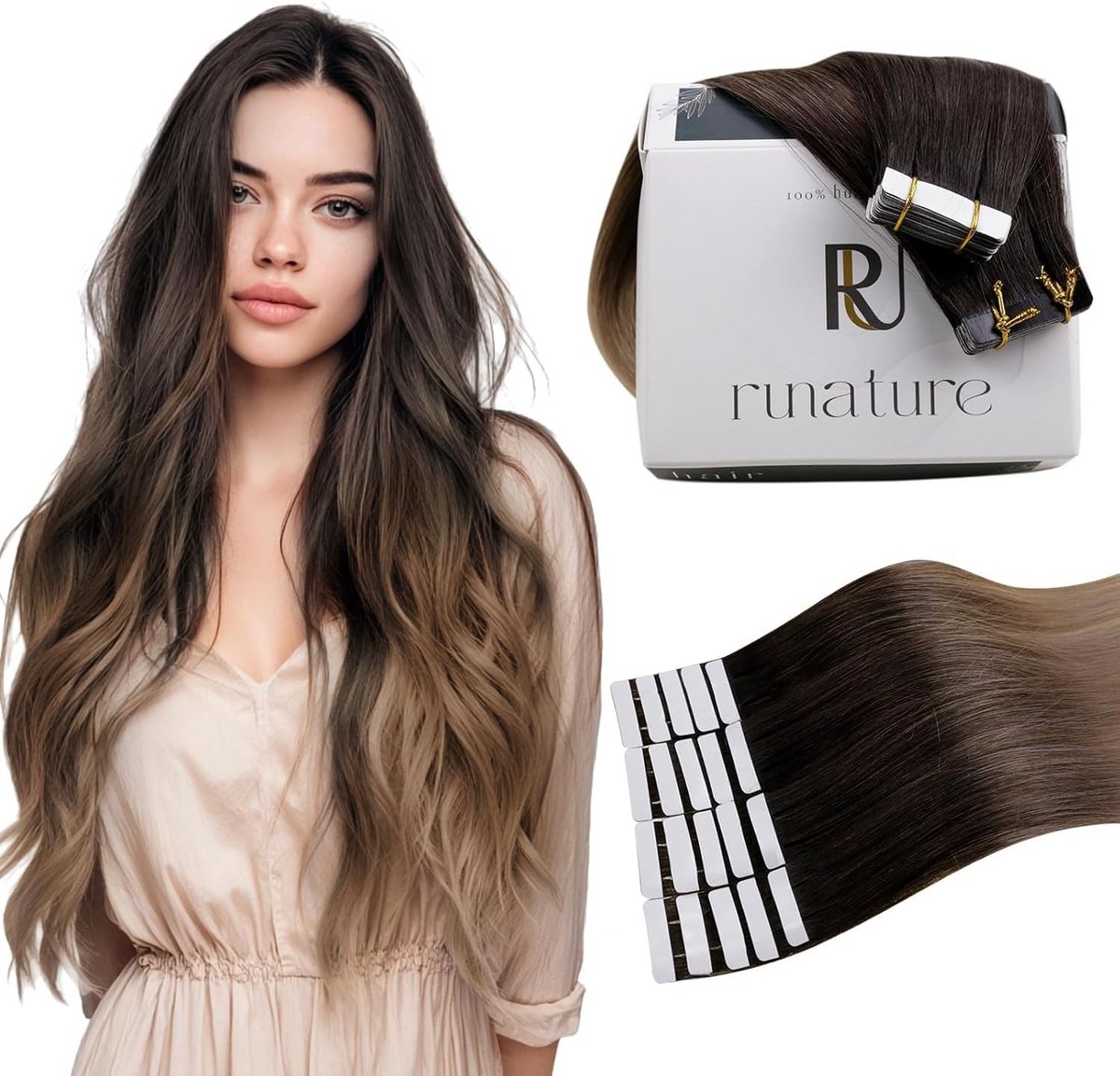 Tape in Extensions Echt Menselijk Haar Balayage Donkerbruin naar Blond 60cm