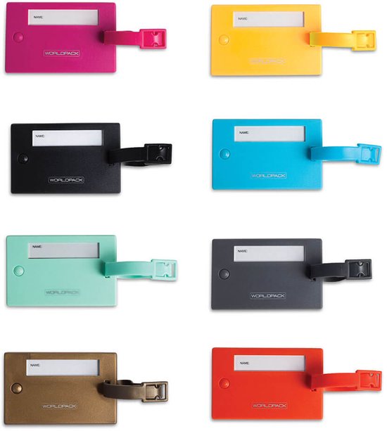 Collage van acht WORLDPACK bagagelabels in verschillende kleuren: roze, geel, zwart, blauw, groen, grijs, goud en oranje.