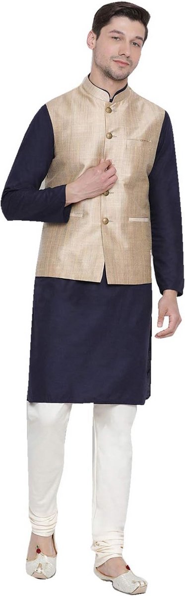 Traditionele Indiase Zijde Blend Kurta Pyjama Set met Nehru Jas voor Heren