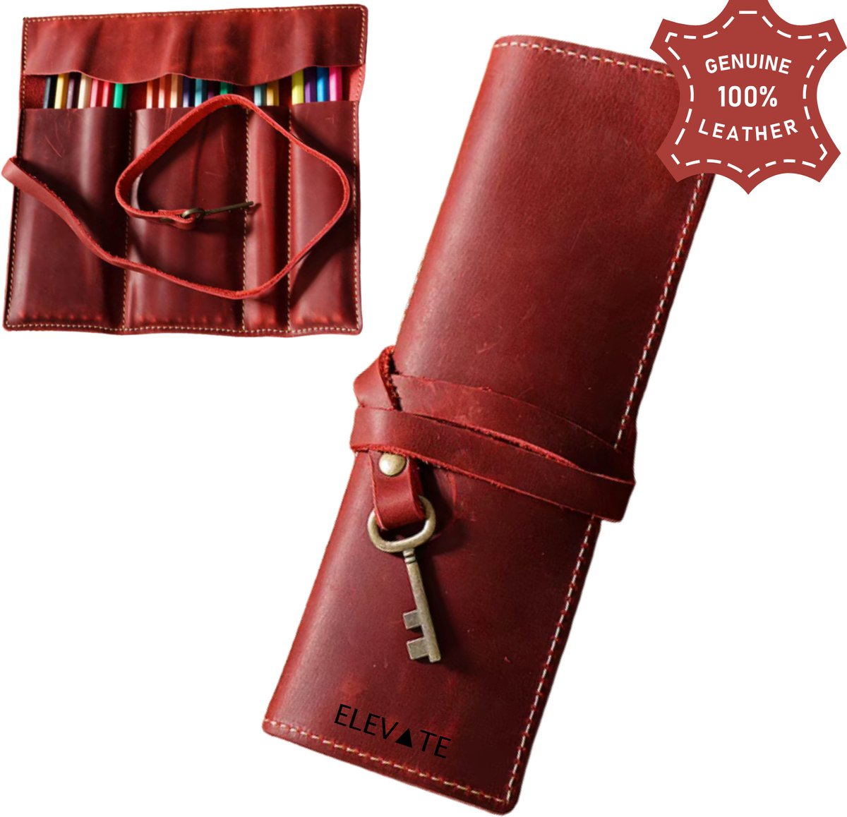 ELEVATE® Leren Pennen Etui Rol – Echt Leer Pennenetui – Luxe Pencil Roll Organizer – Rood