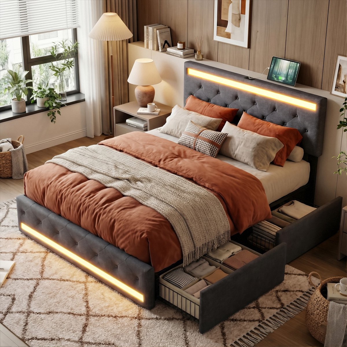 ADFBL Bed met Opbergruimte 140x190 Donkergrijs - Linnen Bedframe met 4 Metalen Lades, Dual-Zone LED & USB-C