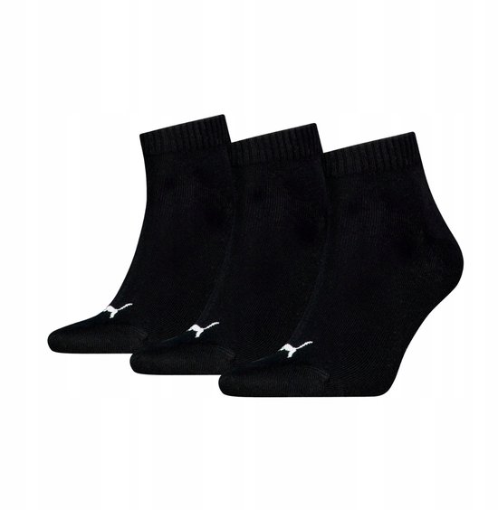 Drie zwarte enkelsokken van Puma met wit logo, maat 43-46.