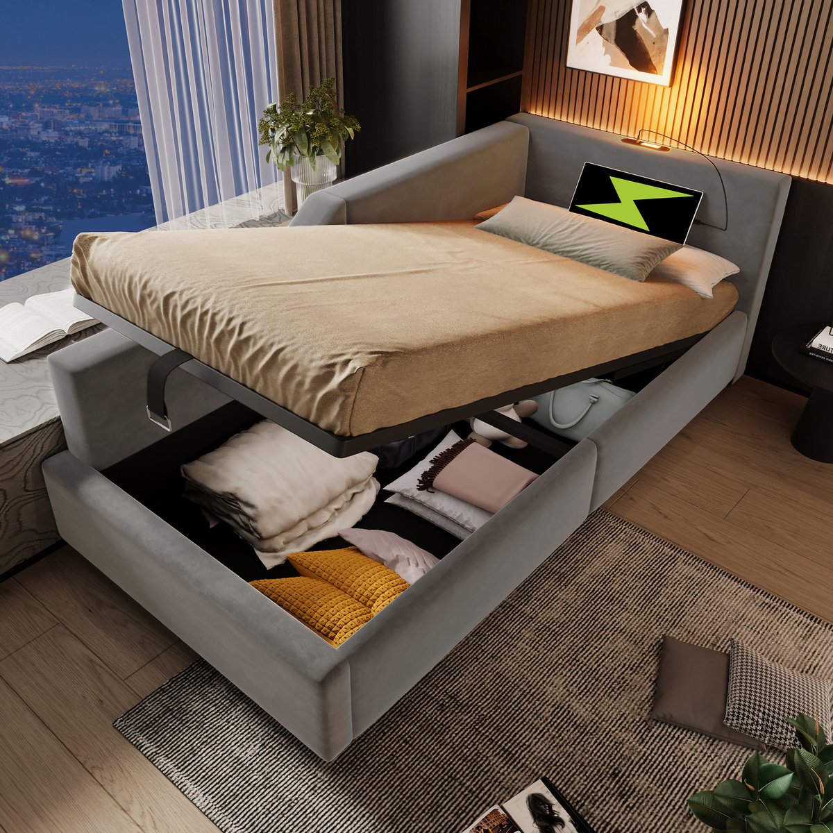 MODFU Bedframe 90x200 cm – Fluweel Grijs – Met Hydraulische Opbergruimte, Ingebouwde Leesl