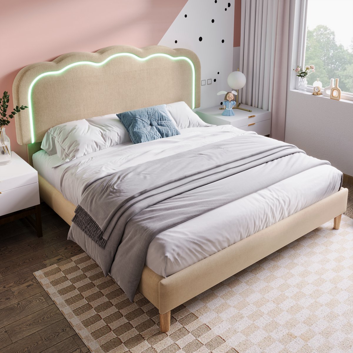 MODFU Bedframe 140x200 cm – Linnen met LED-puff hoofdbord & verstelbaar hoofdeinde – Beige