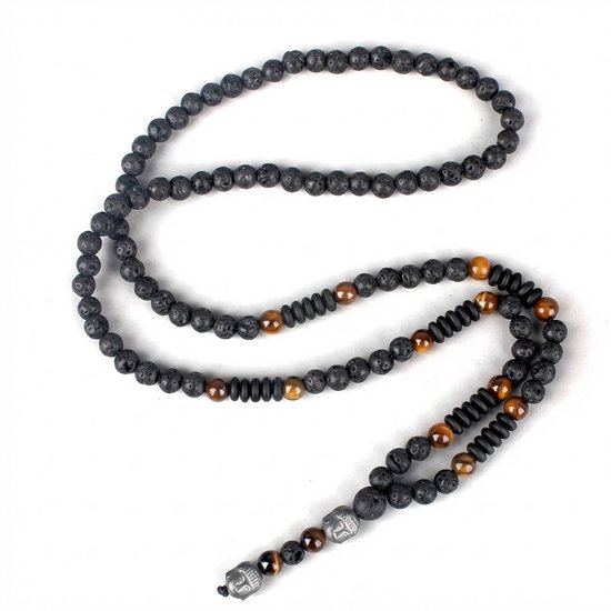Long collier noir avec pierre de lave, œil de tigre et breloque bouddha, sur fond blanc.