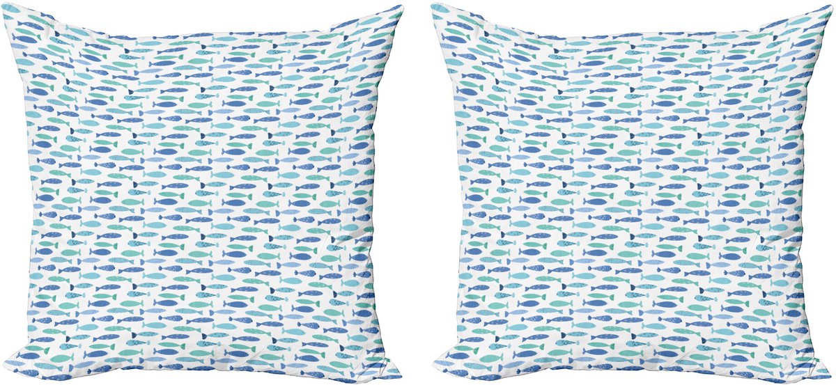 ABAKUHAUS Decoratieve kussenhoes met vismotief, 2 stuks, Doodle Babyvisjes, 40x40 cm, Blauw turkoois wit