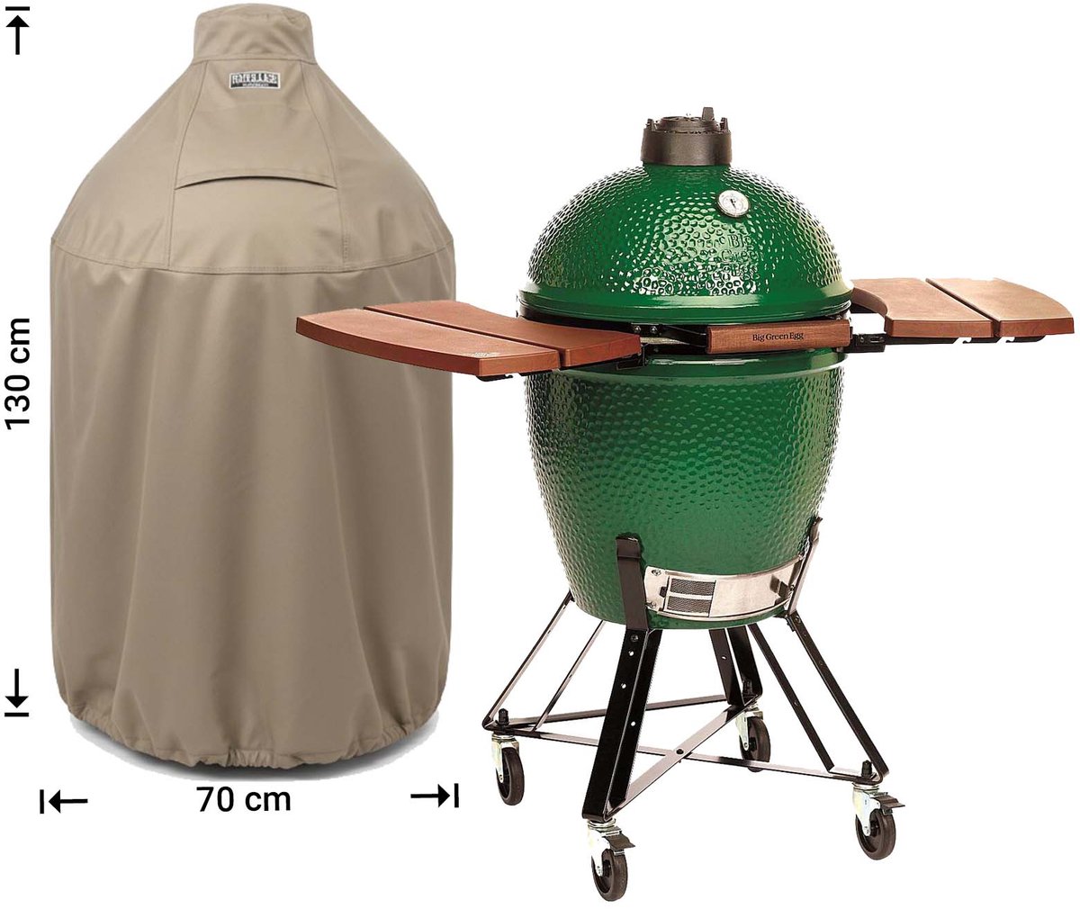Raffles Covers Big Green Egg / Kamado hoes - 70 x 70 H: 130 cm - RBGE70long - Waterdicht - Ademend - UV-bestendig - Elastisch rijgkoord - Big Green Egg / Kamado Accessoires - Hoes voor BBQ + Tafel Taupe