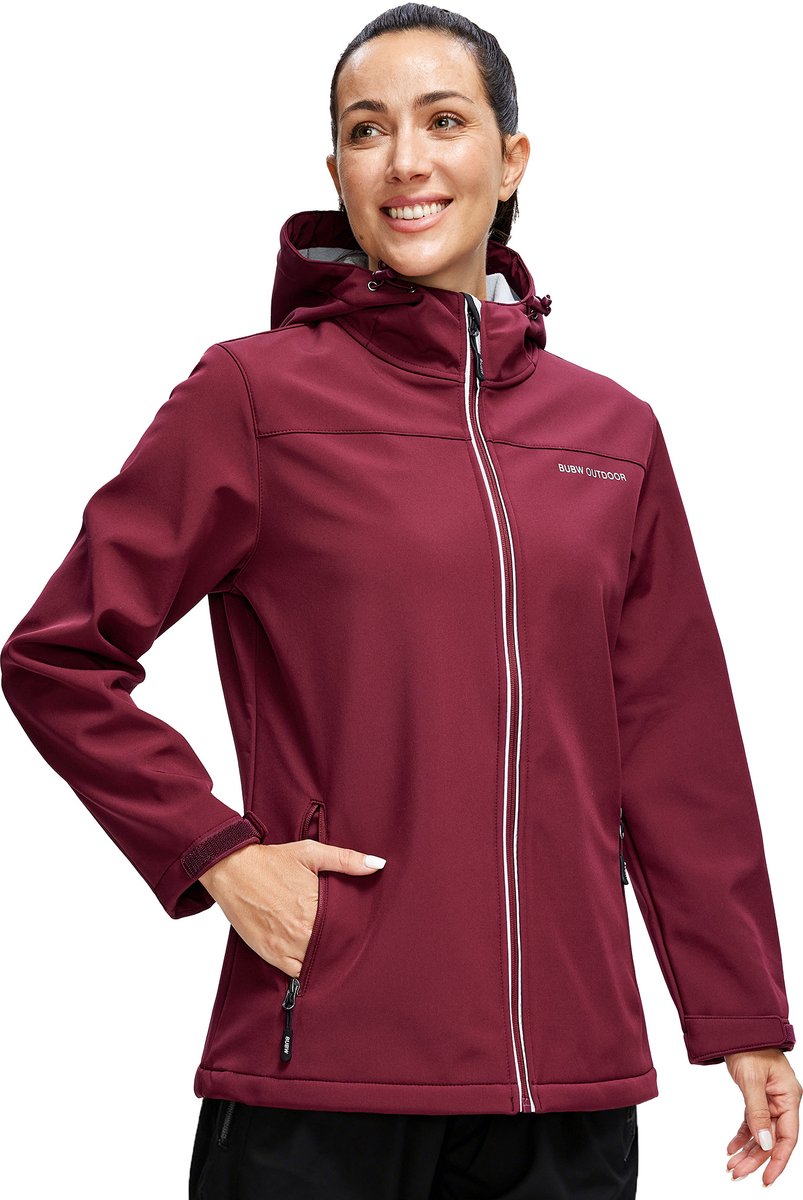 BUBW® Dames Outdoorjas Softshell Jas Waterdicht & Winddicht 100% waterdicht 8.000mm Ademend 1.000gsm Windjack Warme Fleece Voering Met Capuchon Rood