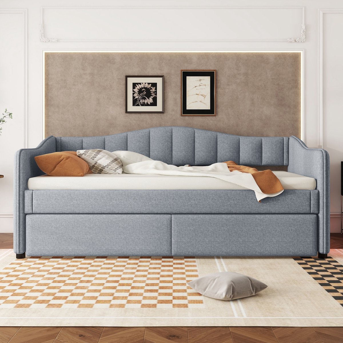 Wishdor Bedbank met Uitschuifbed - 90 x 200 cm - Led-Omgevingsverlichting met App - Linnen Grijs - Inclusief Uitschuifbed 90 x 200 cm - Ruimtebesparend voor Slaapkamer of Logeerkamer - Stevige MDF Constructie