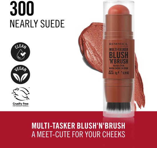 Rimmel London Multi-Tasker Blush'N'Brush in de tint 300 Nearly Suede met ingebouwd kwastje. Met 'Clean' & 'Vegan' logo's.