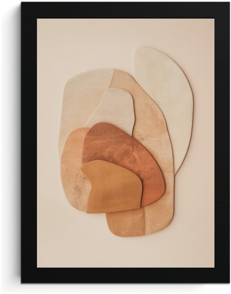 Abstracte Wandkunst Fotolijst A4, Minimalistisch Aardetinten Kunst, Beige Vormen, High Resolution Print, MDF Frame, Acrylglas, Wall Art