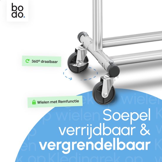 Een kledingrek op vier zwenkwielen met remfunctie, 360° draaibaar. Soepel verrijdbaar en vergrendelbaar.