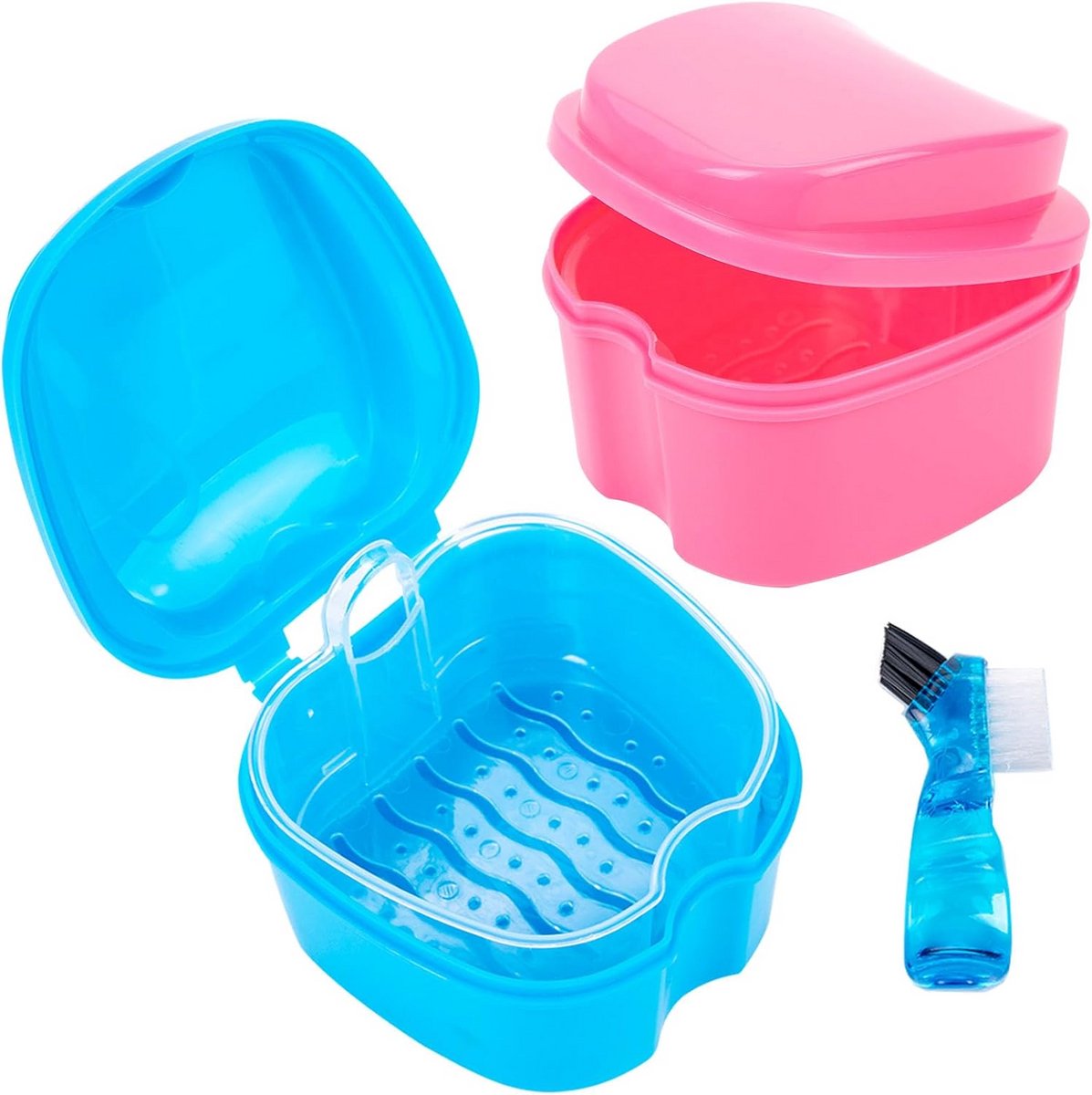 2x Prothese Opbergdoos met Borstels - Ideaal voor Kunstgebit, Beugel en Gebitsbeschermer - Blauw & Roze