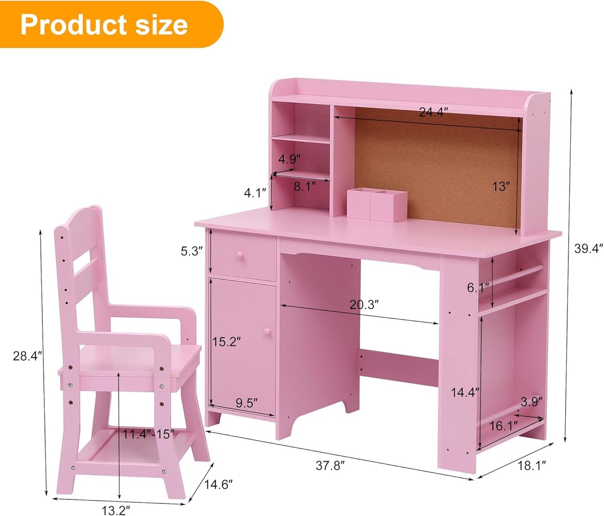 Kinderbureau Houten Set met Stoel, Etagère en Opbergruimte thumbnail 2