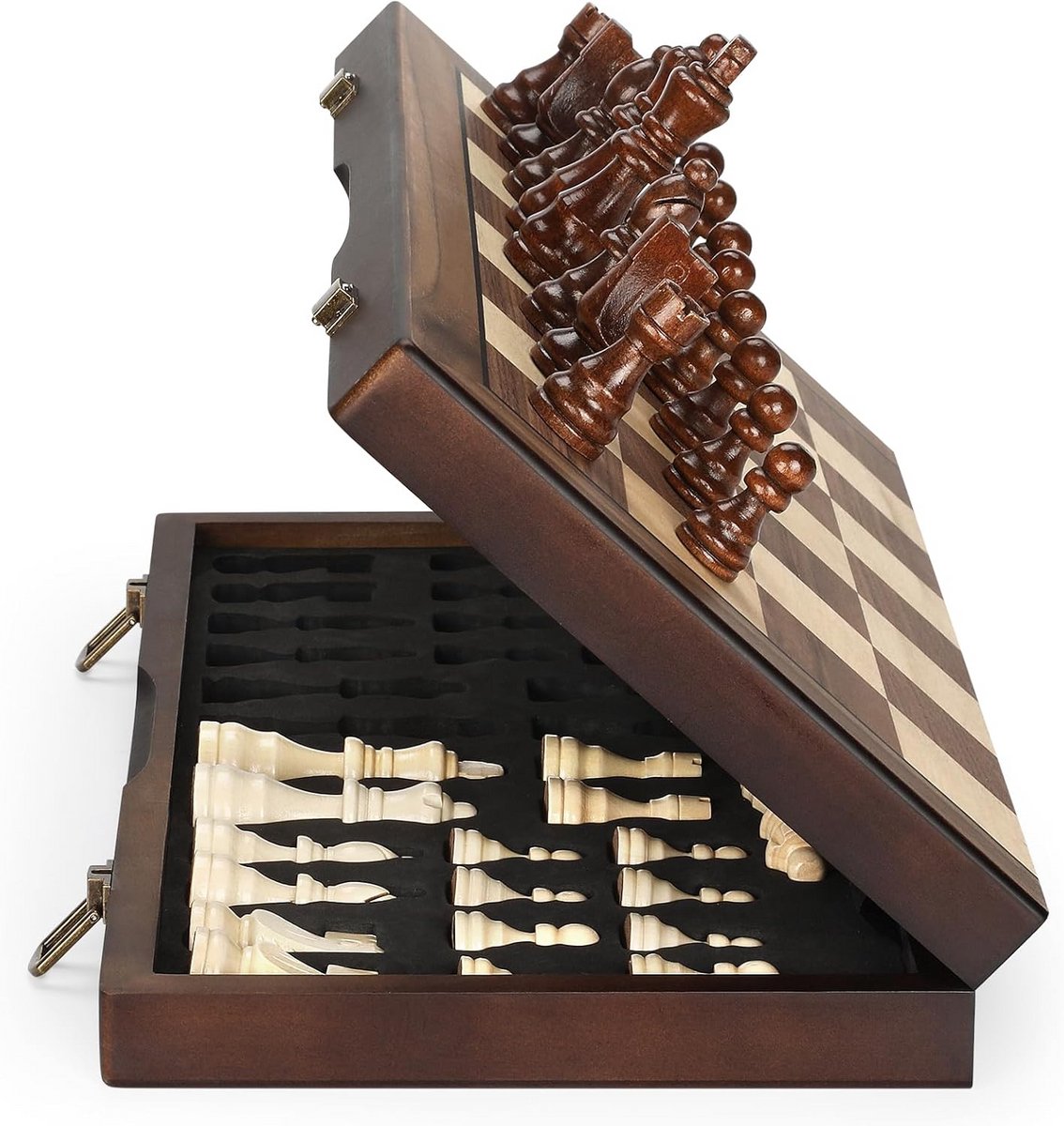 Magnetische Houten Schaakset 17 inch – Opvouwbaar Draagbaar Reisspel voor Kinderen en Volwassenen – Handgemaakte Stukken voor Toernooi en Beginnende Spelers