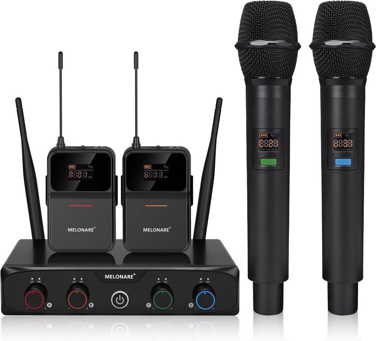 Draadloos UHF-microfoonsysteem 4 x 10 frequenties 200 voet bereik 2 handmicrofoons 2 bodypacks koptelefoon lapel zang karaoke DJ