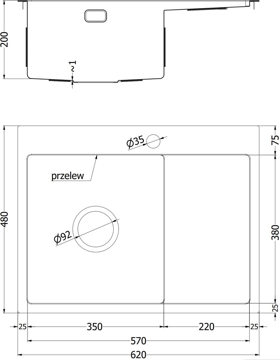 Mexen Exar stalen spoelbak met 1 bak en afdruiprek, rechts 620 x 480 , inox - 6432621005P-01
