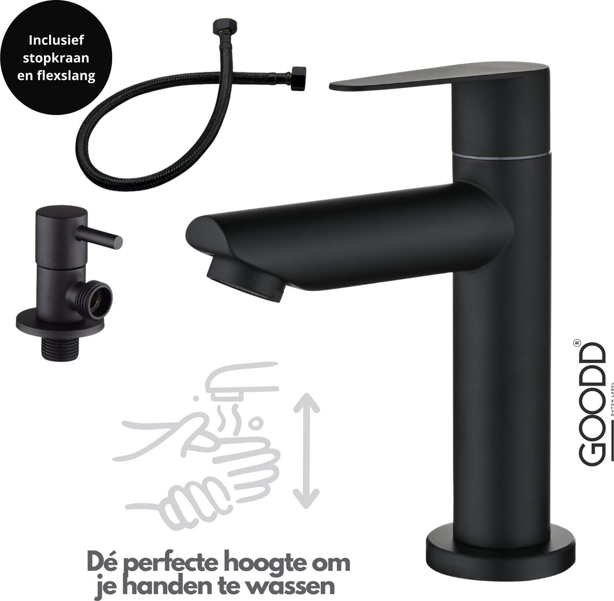 GOODD® - Fonteinkraan - Toiletkraan - Koudwaterkraan - Wc kraan - Zwart - Aansluitslang en Stopkraan