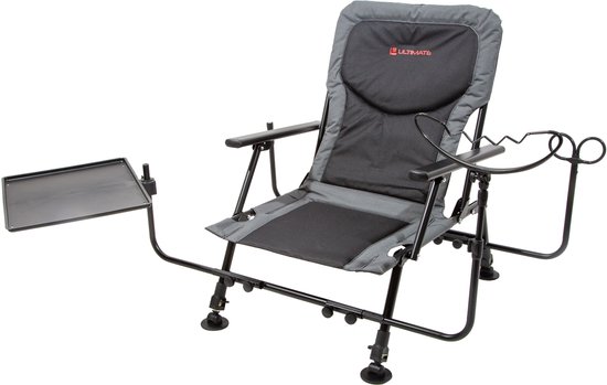 Grijze en zwarte inklapbare stoel met tafel en hengelsteun.
