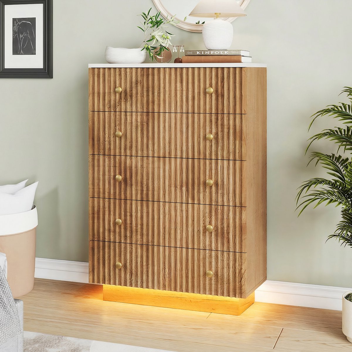 Commode met 5 lades, LED moderne houten commode met LED-verlichting voor slaapkamer, woonkamer en hal, 73x40x111cm (Natuurlijke houtkleur, LED, 5 lades)