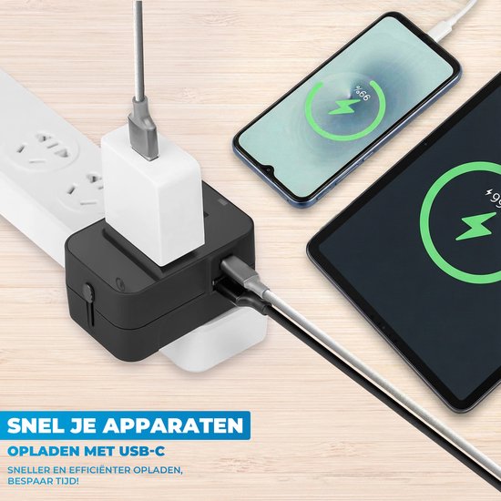Universele wereldstekker - Reisstekker - Internationale Reisadapter - USB-C en USB-A - 150+ Landen - Amerika (USA) - Zuid Amerika - Engeland (UK) - Azië - Europa - Afrika - Wereldstekker lichtgewicht - Zwart