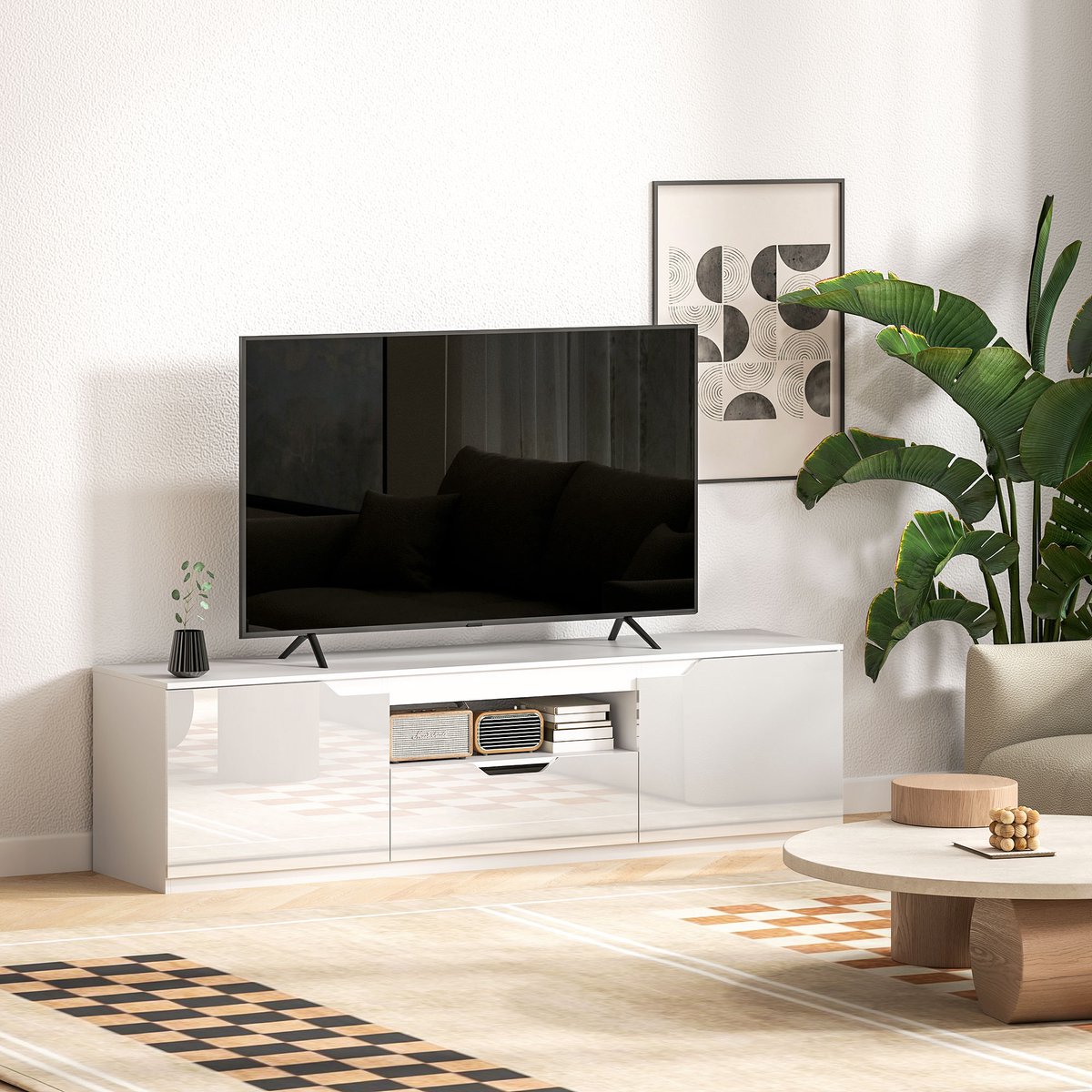 Wishdor - Tv-Meubel - Kabelbeheer - Modern - Woonkamer - Hout - Wit - 160 X 38 X 43 Cm