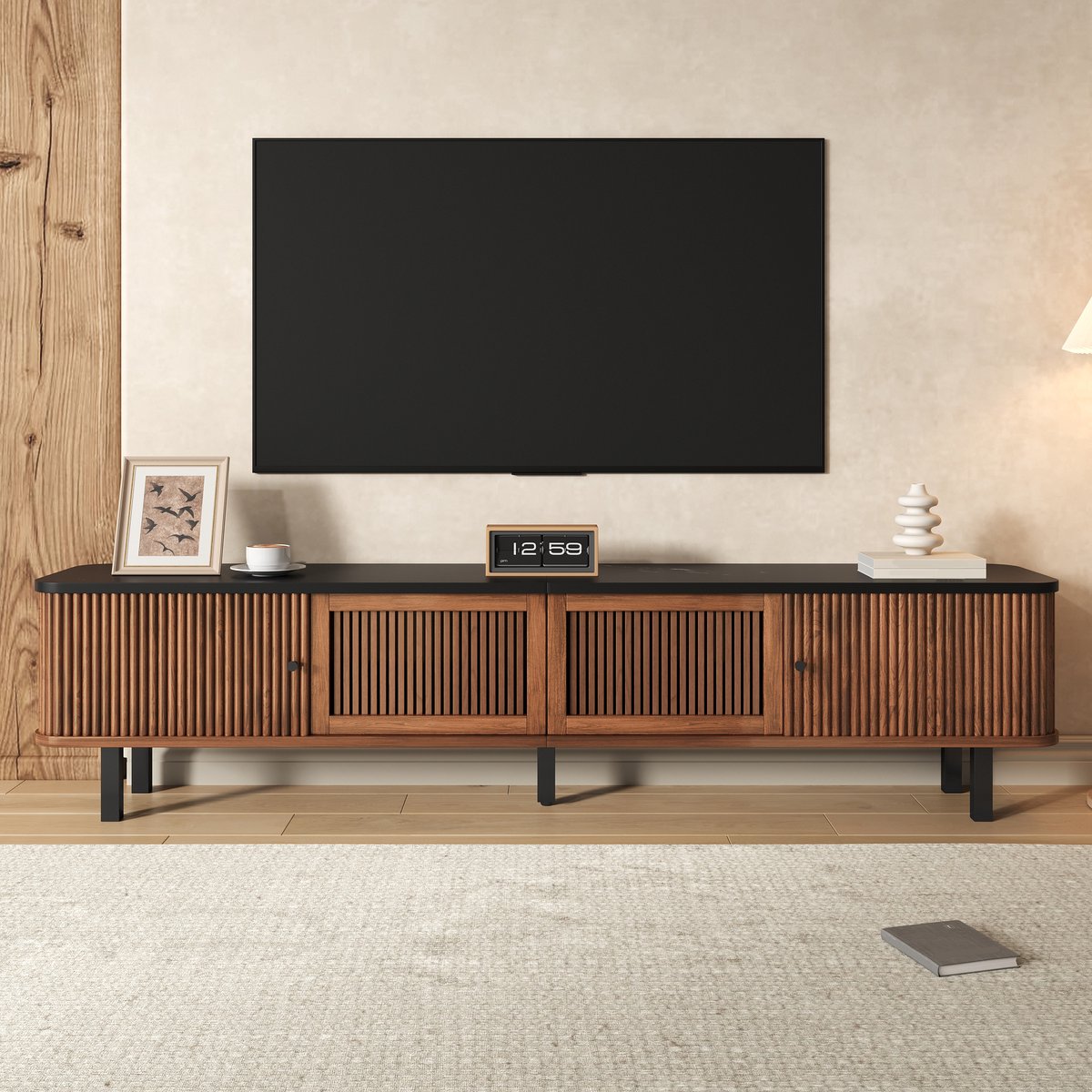 Wishdor - Tv-Meubel - Schuifdeuren En Roosterdeur - Modern Minimalistisch - Woonkamer - MDF En Spaanplaat - Walnootkleur - 190 X 35 X 45 Cm