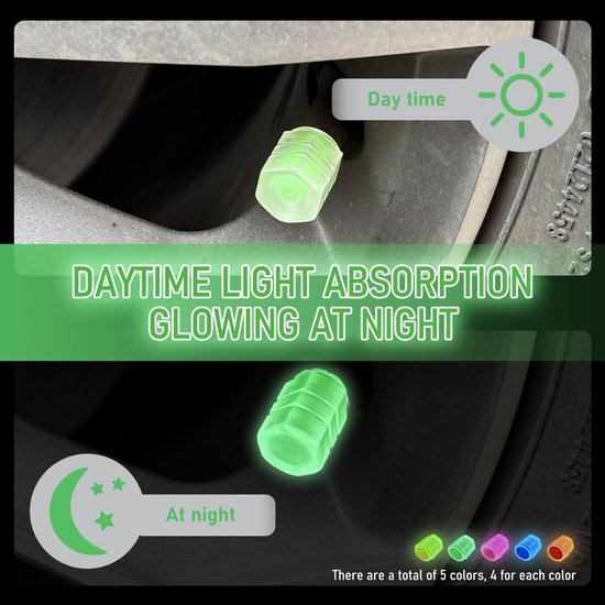 20 Lichtgevende Ventieldoppen – 5 Kleuren – Fluorescerend, ABS-kunststof – Past Op Auto, Motor, Fiets, SUV
