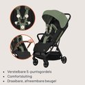Zwarte buggy met olijfgroene kap en verstelbare 5-puntsgordels. Afneembare beugel.