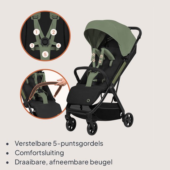 Zwarte buggy met olijfgroene kap en verstelbare 5-puntsgordels. Afneembare beugel.