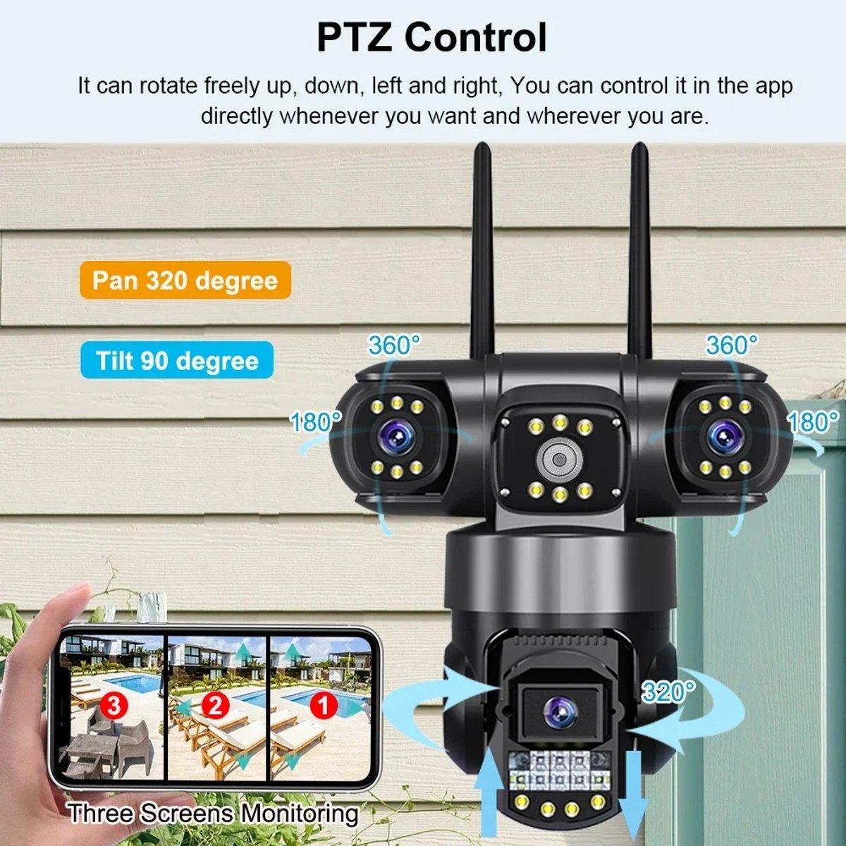 JAQZY Beveiligingscamera's - Met Drievoudige Lens - Wifi - 12MP-Resolutie - 360° Bewaking - 10x Digitale Zoom - Tweerichtings Audio – foto 6