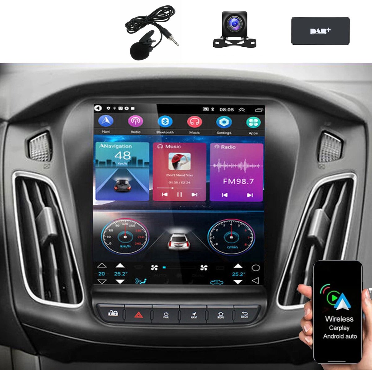 ESSGOO Android 15 Autoradio geschikt voor Ford Focus MK3 2012-2018 - 9,7 Inch touchscreen Radio - Draadloos Apple CarPlay & Android Auto - 4GB + 64GB - Navigatiesysteem - Bluetooth & Wifi - Achteruitrijcamera - Microfoon - DAB+
